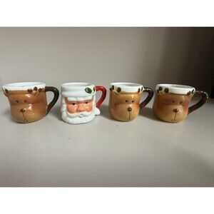 Mini Santa Face And Reindeer Christmas Mugs Vintage